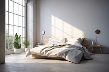 cozy bedroom with a comfortable bed and natural light coming from the window. Generative AI