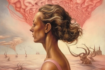 Surreal theme in pink around women's life changing experiences around breast cancer. 