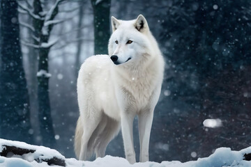 Portrait of a white arctic wolf in the snowy day into the forest. Generative AI illustration.