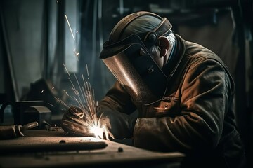 Fototapeta na wymiar Worker or welder in the metallurgical industry performing welding in his workshop. AI generated, human enhanced.