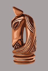 Wooden sculpture of a horse on a gray background. Chess vector illustration