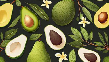 Vector seamless pattern with avocado. Tropical background with exotic fruit