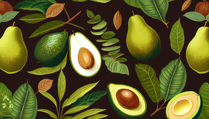 Vector seamless pattern with avocado. Tropical background with exotic fruit