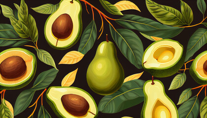 Vector seamless pattern with avocado. Tropical background with exotic fruit