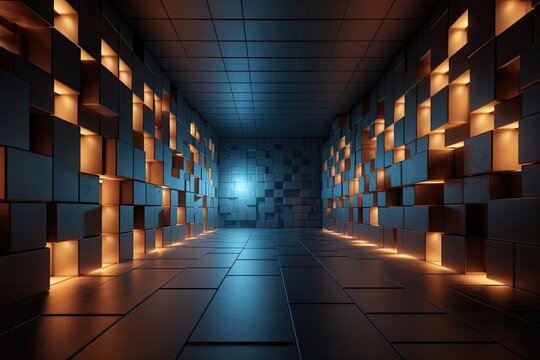 dark room with cube-shaped objects covering the walls. Generative AI
