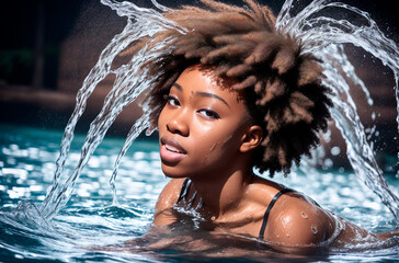Fototapeta premium Beautiful african american woman with afro hairstyle in water. Generative AI.