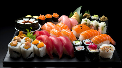 Close-up of a vibrant, fresh sushi platter with a variety of rolls, sashimi, and nigiri, set on a black slate background.