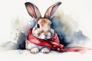 cute rabbit wearing a colorful scarf in a watercolor painting. Generative AI