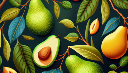 Vector seamless pattern with avocado. Tropical background with exotic fruit