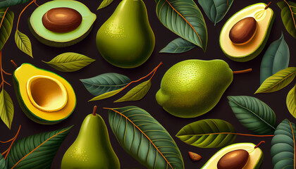 Vector seamless pattern with avocado. Tropical background with exotic fruit