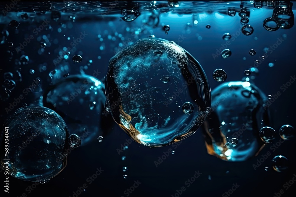 Poster multicolored soap bubbles floating against a blue sky. generative ai