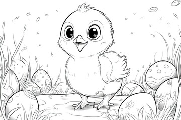 Obraz premium Coloring book page for kids. happy cute baby chicken with Easter background. Generative AI.