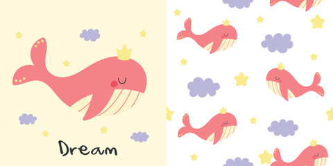 Seamless childish pattern with a cute pink whale. Cute vector texture for baby bedding, fabric, wallpaper, wrapping paper, textile, t-shirt print. Cute whale with a crown