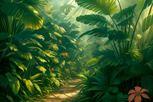 Jungle illustration on a sunny day. Beautiful tropical forest with exotic plants, flowers, palm trees, big leaves and ferns. Thicket of the rainforest. Brightly lit green vegetation. Generative AI