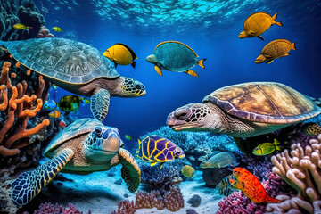 Naklejka premium Coral reef with wild sea turtles and fish, tropical ocean underwater life, generative AI.