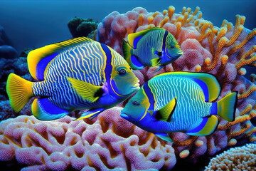 Coral reef with wild sea fish, tropical ocean underwater life, generative AI