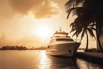Obraz premium Luxury motor yacht in sea at sunset, expensive rich boat near tropical shore, generative AI