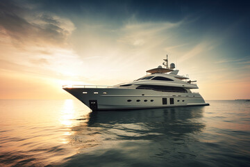 Fototapeta na wymiar Luxury motor yacht in sea at sunset, expensive rich boat in ocean, generative AI.