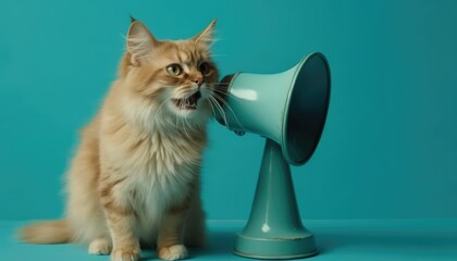 Fototapeta premium Cat holds a loudspeaker and attracts attention on a blue backgrounds. Creative idea of advertising. Generative AI