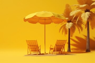 two chairs shaded by a bright yellow umbrella. Generative AI