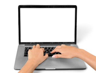 Hands typing on keyboard on modern laptop with blank screen