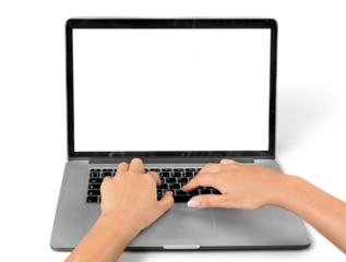 Hands typing on keyboard on modern laptop with blank screen
