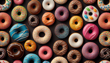 Fototapeta premium Flat lay donuts pattern isolated background. Top view. AI generated