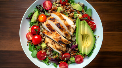 Top-down view of a colorful, healthy salad with mixed greens, quinoa, avocado, cherry tomatoes, and grilled chicken.