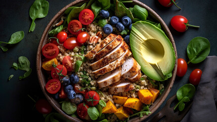 Fototapeta na wymiar Top-down view of a colorful, healthy salad with mixed greens, quinoa, avocado, cherry tomatoes, and grilled chicken.