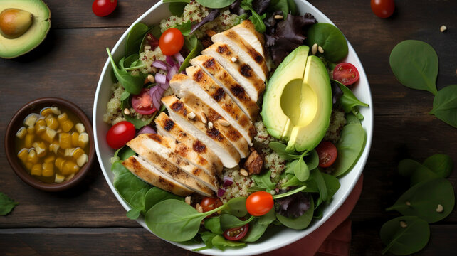 Top-down view of a colorful, healthy salad with mixed greens, quinoa, avocado, cherry tomatoes, and grilled chicken.