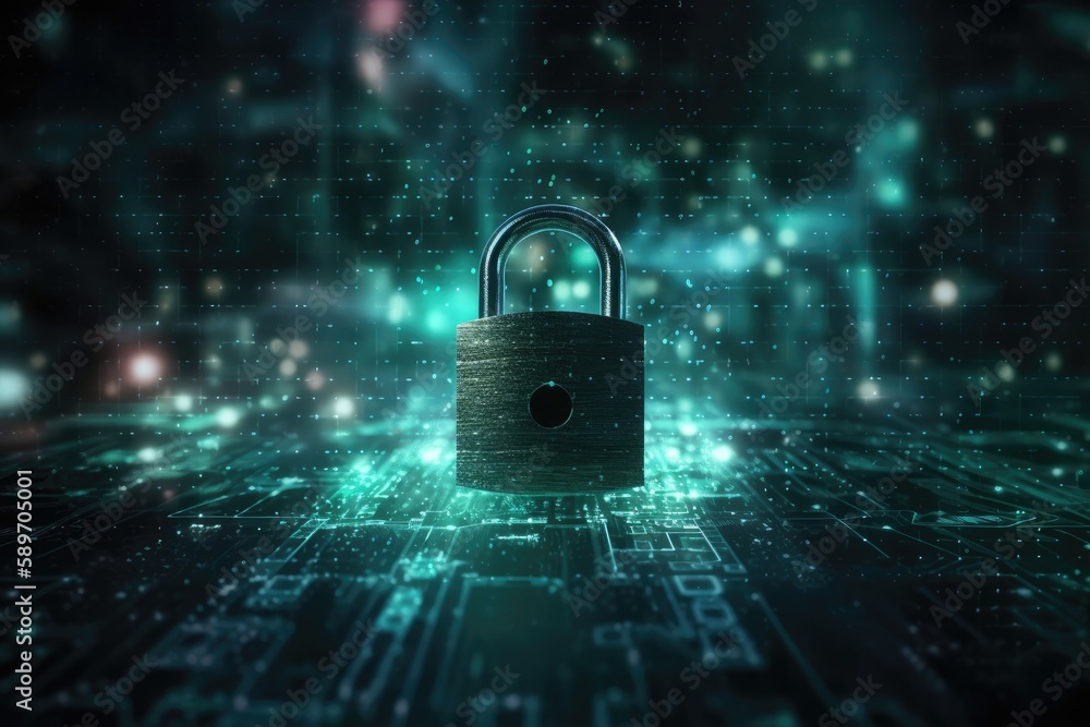 Poster padlock symbolizing cybersecurity on top of a circuit board. generative ai