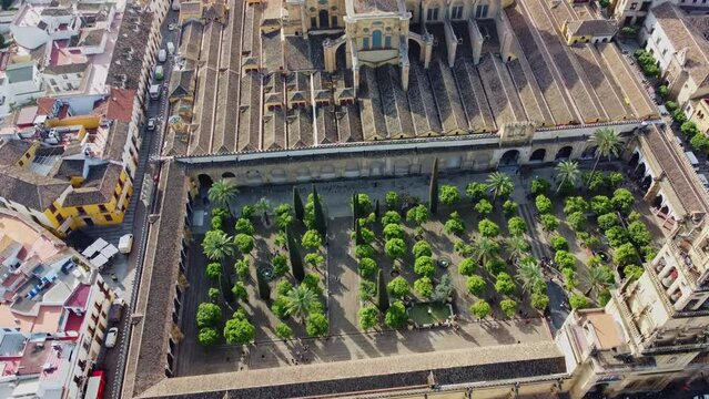 Historic town of Cordoba, Spain. Drone flight around Mosque Cathedral 2 april 2023