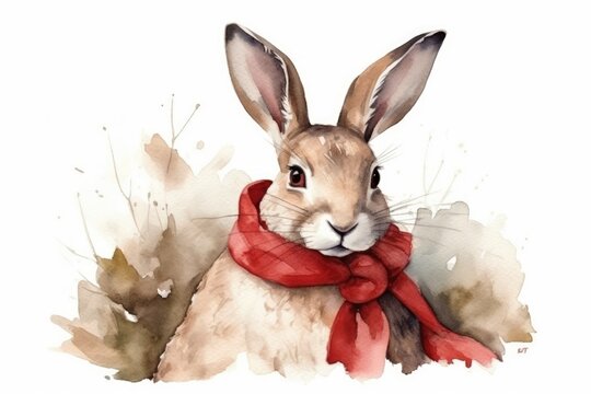 cute rabbit wearing a vibrant red scarf in a watercolor painting. Generative AI