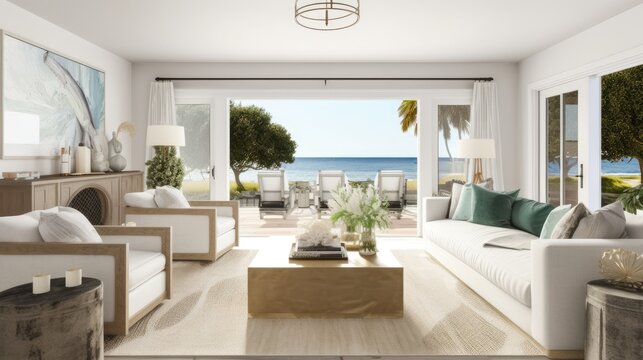Coastal interior style living room, Generative AI