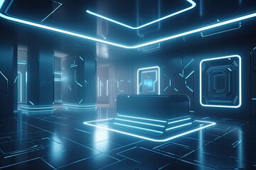 neon-lit room with a bench. Generative AI