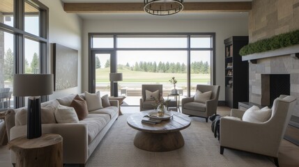 Modern farm house interior living room, with a large window, Generative Al