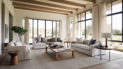 Fototapeta na wymiar Modern Farmhouse living room interior, large windows, Generative AI 