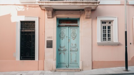 Fototapeta na wymiar Pink old building with a light blue door, Generative AI