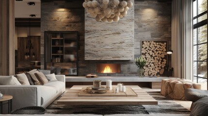 Rustic interior living room, wooden features, generative ai