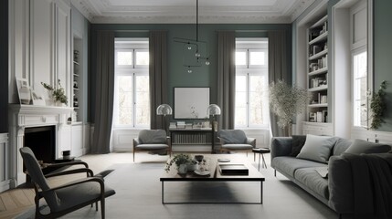 Fototapeta na wymiar Scandinavian interior design, living room, Generative AI