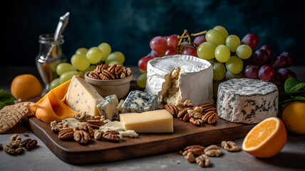Beautifully presented cheese board featuring a variety of artisan cheeses, fresh fruit, nuts, and crackers, set on a marble surface. - obrazy, fototapety, plakaty