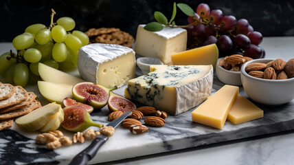 Beautifully presented cheese board featuring a variety of artisan cheeses, fresh fruit, nuts, and crackers, set on a marble surface.