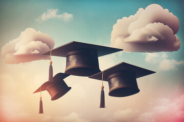 Graduation cap thrown into the blue sky. Graduation from an educational institution, school, university, college, tradition, - obrazy, fototapety, plakaty