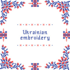 The embroidery element is a flowering branch. Seamless hand embroidered cross pattern of ethnic Ukraine. Vector illustration of red and blue colors on white background. Ukrainian national ornament.