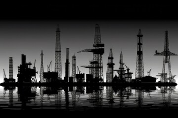 Fototapeta premium black and white photo of multiple oil rigs in an offshore setting. Generative AI