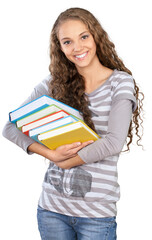 Friendly Young Girl Standing and Holding Books - Isolated