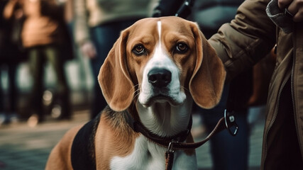 A beagles leashed to a man walking down a street in an European city, the camera is at the dog's eyes level 