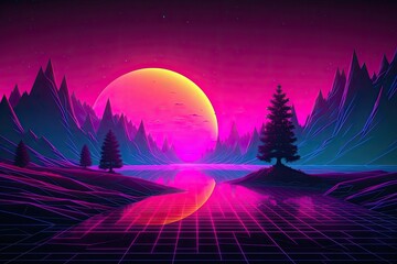 serene sunset with majestic mountains and lush trees in the backdrop. Generative AI
