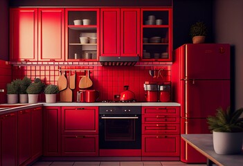 interior design of modern red kitchen. Generative AI