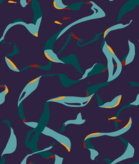 Abstract seaweeds and little fish silhouettes on dark background. Underwater plants for textile, prints, paper products. Vector seamless pattern - 589707007
